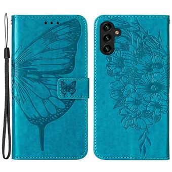 Capa PU padrão de borboleta e flor com suporte e alça Magunivers para Samsung Galaxy A14 5G - azul - 1