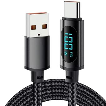 Cabo trançado USB A para C Antiimpacto | 66w / 100w | 6A PD | ecrã LED 200cm | preto - 1
