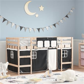 vidaXL Cama alta criança c/ cortina 80x200cm pinho maciço branco/preto - 1