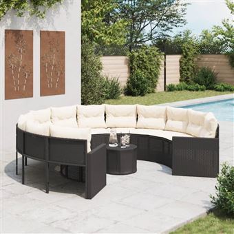 Sofá de jardim com mesa e almofadões vidaXL | redondo vime PE preto - 1