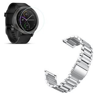 Kit Phonecare Pulseira Bracelete Aço Stainless Lux + Ferramenta + Película Protectora Ecrã Vidro para Garmin VivoActive 3 - Cinza - 1