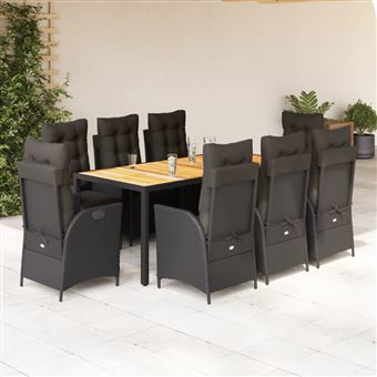 Conjunto de Jantar para Jardim vidaXL com Almofadões | 9 Peças | vime PE preto - 1
