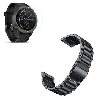 Kit Phonecare Pulseira Bracelete Aço Stainless Lux + Ferramenta + Película Protectora Ecrã Vidro para Garmin VivoActive 3 - Preto - 1