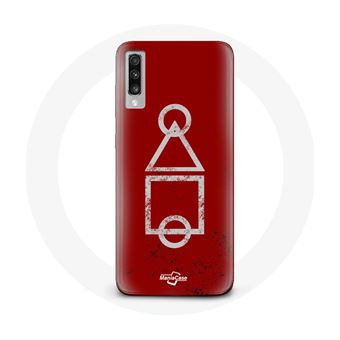 Capa Maniacase para Samsung Galaxy A70 Squid Game Logotipo Símbolos Círculo Borda Triângulo Fundo Vermelho - 1