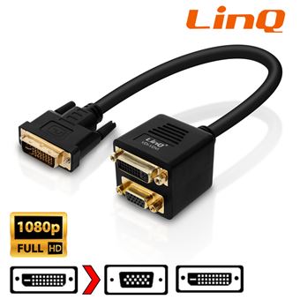 Cabo DVI-I LinQ para DVI-I Fémea + VGA Fémea | 33cm | Full HD - Preto - 1