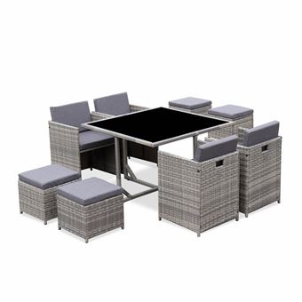 Mesa de jardim sweeek | embutida em resina tecida | 8 cadeirões | tons de cinza - 1