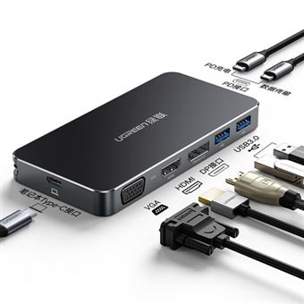 Adaptador DP Type-C UGREEN 40872 CM120 para HUAWEI Mate10 / 20/30 P30 Pro | 8 em 1 | USB-C para 2USB 3.0 HDMI VGA 2PD - Cinzento - 1