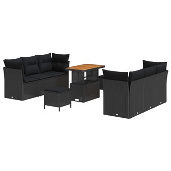 Conjunto de Sofá de Jardim com Almofada vidaXL | 9 Peças | Preto vime PE - 1