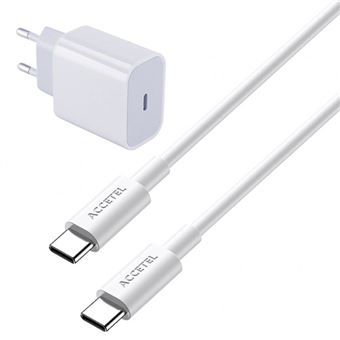 Kit Base Carregador Type C FastCharge 20W + Cabo de Carga 100W 5A 1m Type C - Type C Accetel Accetel para Apple iPhone 15 Pro - Branco - 1