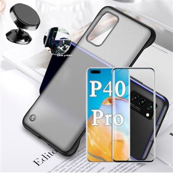 Kit Película de Vidro 5D Full Cover Curvo + Capa Phonecase Naked Bumper + Suporte Magnético Carro para Huawei P40 Pro+ Plus - Transparente/Preto - 1