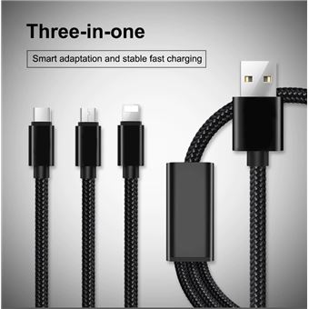 Cabo USB 3 em 1 GOEIK| Type-C, Lightning e Micro USB - Nylon Preto - 1