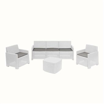 Conjunto de Jardim IPAE PROGARDEN Garda | 2 Cadeirões + 1 Mesa de apoio + 1 Sofá Triplo + 5 Almofadas | Branco - 1