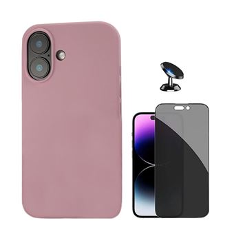 Kit Película de Vidro Temperado Privacidade + Capa Proteção Traseira Silicone + Suporte Magnético GIFT4ME para Apple iPhone 16 Plus | Rosa - 1