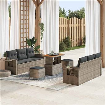 Conjunto de Sofá de Jardim com Almofada vidaXL | 9 Peças | Cinzento vime PE - 1