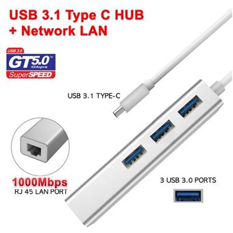 Adaptador USB-C InTek para Ethernet RJ45 Hub 3 Porta USB 10/100/1000 Mbits - Branco - 1