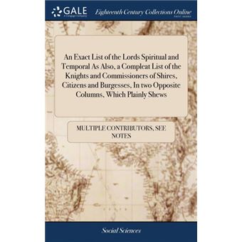 an Exact List Of The Lords Spiritual And Temporal As Also, ACompleat List Of The Knights And Commissioners Of Shires, Citizens And Burgesses, In Two Opposite Columns, Which Plainly Shews Hardcover - 1