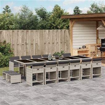 Conjunto de jantar para jardim vidaXL | 17 peças | com almofadões vime PE cinzento-claro - 1