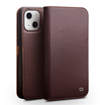 Capa de Couro Dourado Genuíno QIALINO com Suporte Castanho para iPhone 13 6.1'' - 1