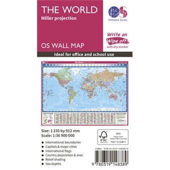 World Map Poster Large  Laminated  Ordnance Survey Os Wall Map  Miller World Projection - 1