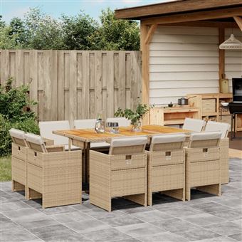 Conjunto de jantar para jardim vidaXL | 11 peças | com almofadões vime PE bege - 1