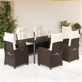 Conjunto de jantar para jardim com almofadões vidaXL | 7 Peças | vime PE castanho - 1