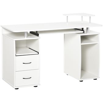 Secretária para Computador HOMCOM | Prateleiras Múltiplas + Bandeja de Teclado + Suporte para CPU + 2 Gavetas | 120x55x85 cm - Branco - 1