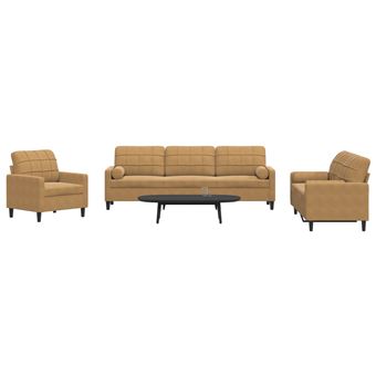 Conjunto de sofás com almofadas vidaXL | 3 peças | com rolos veludo | castanho - 1