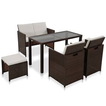 Conjunto de Jantar para Exterior vidaXL 1 Mesa 2 cadeiras 1 Banco e 2 Apoios para os Pés com Almofadões Vime Castanho - 1