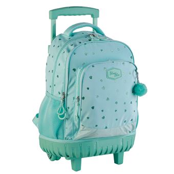 Mochila Trolley DAM Blin-Blin Mint Hearts com Pom-Pom | 35x25x52 cm | Água-Marinha - 1