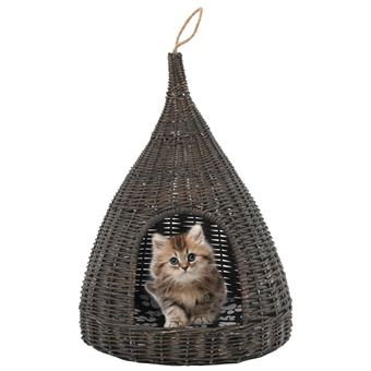Ninho para Gatos Fechado com Almofadão vidaXL | 40x60cm | Salgueiro | Cinzento - 1