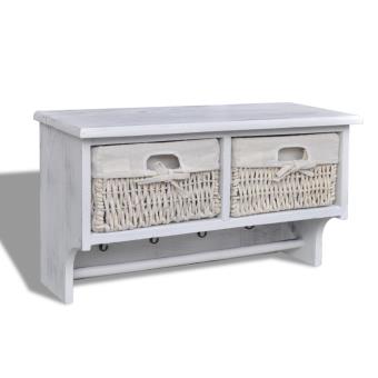 Prateleira com Cabides vidaXL e 2 Cestos Tecelagem em Madeira Branca - 1