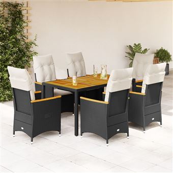 Conjunto de jantar para jardim vidaXL | 7 peças | com almofadões vime PE preto - 1