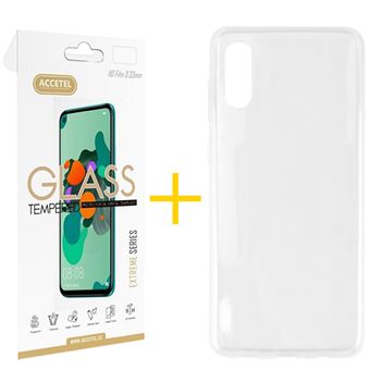 Conjunto Accetel | 1 x Película de Vidro +  Capa para Samsung A02 Silicone Liso - Transparente Clear - 1
