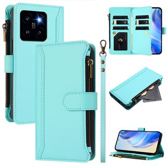 Capa FOXDOCK para Xiaomi 14 Pro 5G | Pele Premium | 9 Compartimentos para Cartões | Alça de Pulso Amovível - Verde claro - 1