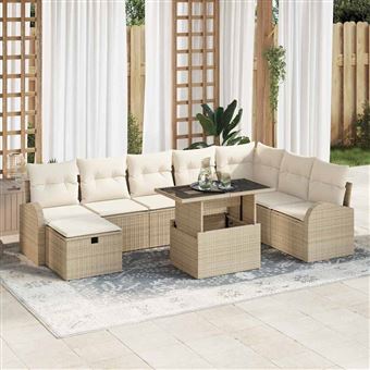 Conjunto de Sofá de Jardim vidaXL | 9 Peças | Bege Rattan Sintético - 1