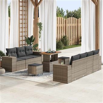 Conjunto de Sofá de Jardim com Almofada vidaXL | 10 Peças | Cinzento vime PE - 1