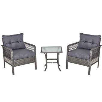 Conjunto Mesa de Vidro Temperado + 2 Poltronas de Jardim Outsunny | Rattan | 50x50x50 cm + 65x66x75 cm - Cinza - 1