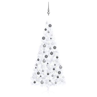 Meia Árvore Natal artificial pré-iluminada vidaXL com bolas branco - 1