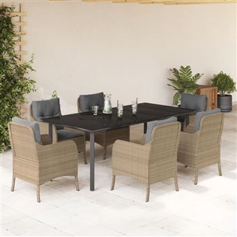Conjunto de jantar para jardim com almofadões vidaXL | 7 Peças | vime PE bege - 1
