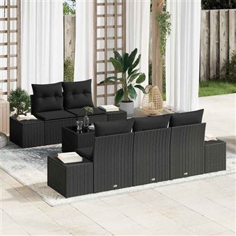 Conjunto de Sofá de Jardim com Almofada vidaXL | 6 Peças | Preto vime PE - 1