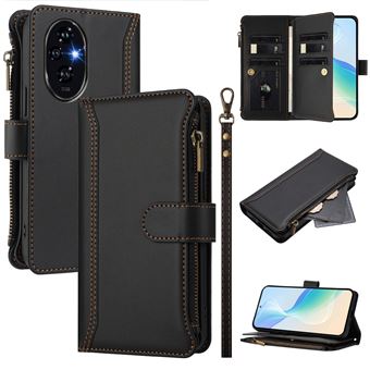 Capa FOXDOCK para Honor 200 Pro 5G | Pele Premium | 9 Compartimentos para Cartões | Alça de Pulso Amovível - Preto - 1