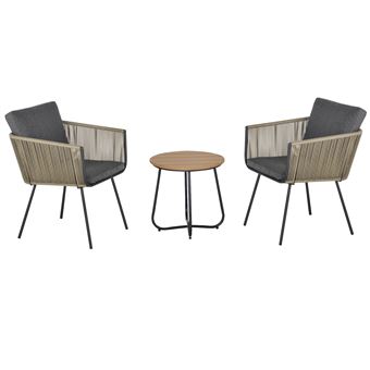Conjunto de Móveis Outsunny de Vime para Varanda | 1 Mesa Redonda | 2 Cadeiras Poltrona com Almofadas Acolchoadas | Aço - Cáqui e Cinza - 1