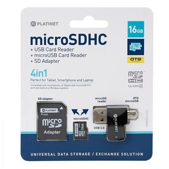 cartão de memória Platinet 16GB MicroSDHC + card reader + otg + adapter 16GB MicroSD  Preto - 1