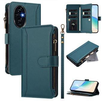 Capa FOXDOCK para Honor 200 Pro 5G | Pele Premium | 9 Compartimentos para Cartões | Alça de Pulso Amovível - Verde escuro - 1