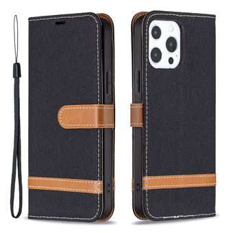 Capa PU + TPU Anti-queda, emenda de jeans com Suporte Preto para iPhone 13 Pro Max 6.7'' - 1