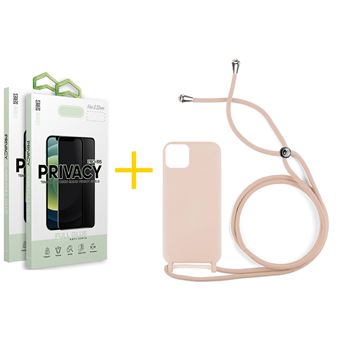 Pack 2 x Película de Vidro Temperado Anti-Spy + Capa skyhe Apple iPhone 16 Pro Max Gel Rope | Rosa Pastel - 1