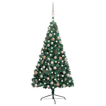 Meia árvore Natal artificial pré-iluminada vidaXL com bolas verde - 1
