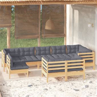 Conjunto lounge de jardim com almofadões vidaXL | 9 Peças |  cinza pinho maciço - 1