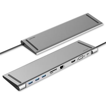 Docking Station Vention | Tipo-C | Macho para USB3.0 Fémea A/ HDMI Fémea A/ VGA Fémea/ RJ45/ SD/ TF/ 3.5 mm/ PD | 0,25 m | 10 em 1 - Cinzento Metalizado - 1