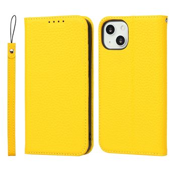 Capa de Couro Dourado Genuíno Anti-riscos, Textura de lichia com Suporte e Alça Amarela para iPhone 13 6.1'' - 1